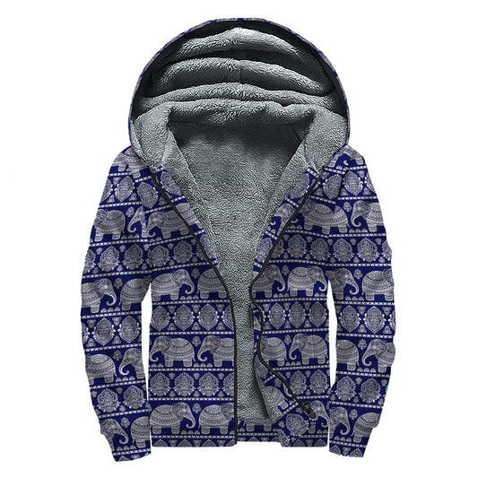 White And Blue Indian Elephant Print Sherpa Lined Zip Up Hoodie