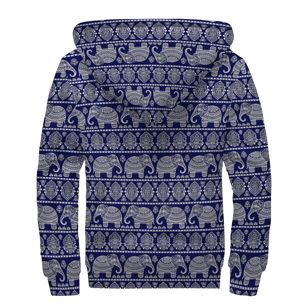 White And Blue Indian Elephant Print Sherpa Lined Zip Up Hoodie