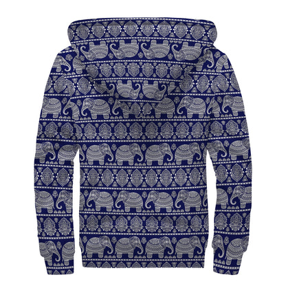 White And Blue Indian Elephant Print Sherpa Lined Zip Up Hoodie