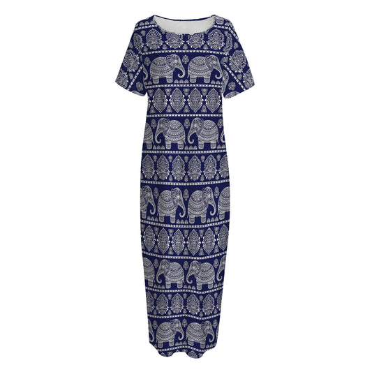 White And Blue Indian Elephant Print Short Sleeve Long Nightdress