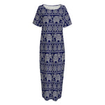 White And Blue Indian Elephant Print Short Sleeve Long Nightdress