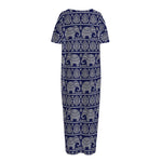 White And Blue Indian Elephant Print Short Sleeve Long Nightdress