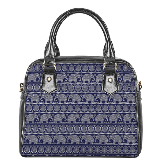 White And Blue Indian Elephant Print Shoulder Handbag