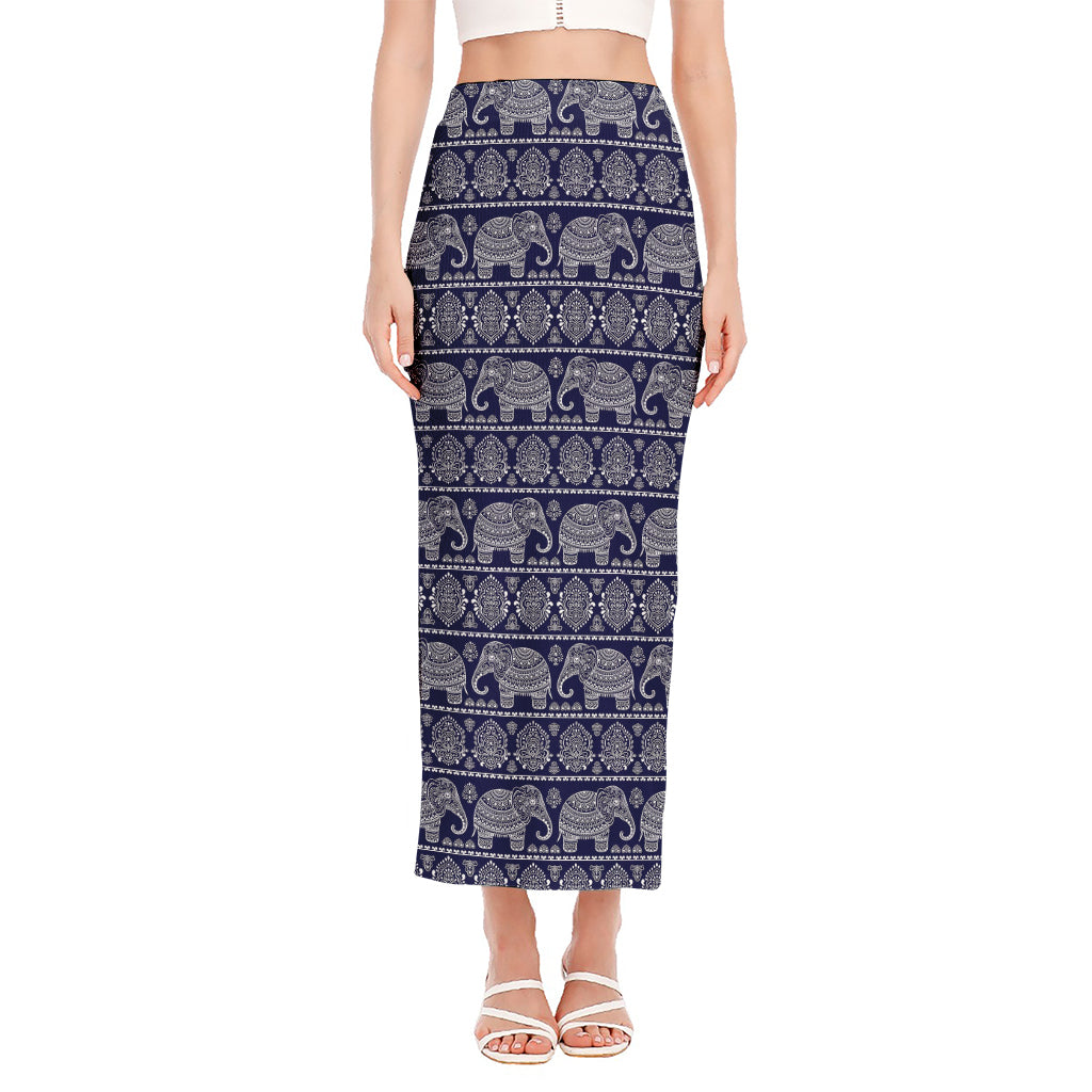 White And Blue Indian Elephant Print Side Slit Maxi Skirt