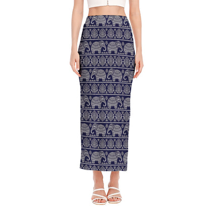 White And Blue Indian Elephant Print Side Slit Maxi Skirt