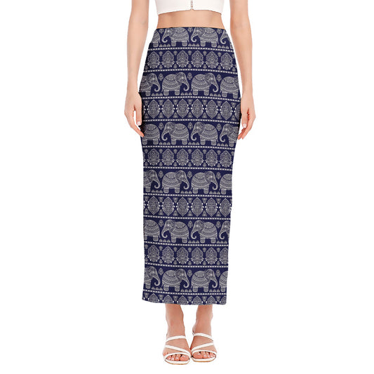 White And Blue Indian Elephant Print Side Slit Maxi Skirt