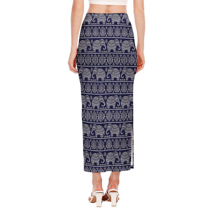 White And Blue Indian Elephant Print Side Slit Maxi Skirt