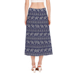 White And Blue Indian Elephant Print Side Slit Midi Skirt