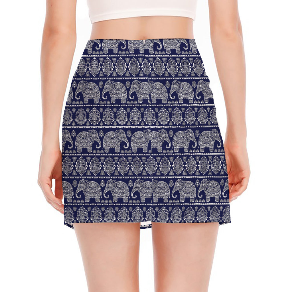 White And Blue Indian Elephant Print Side Slit Mini Skirt
