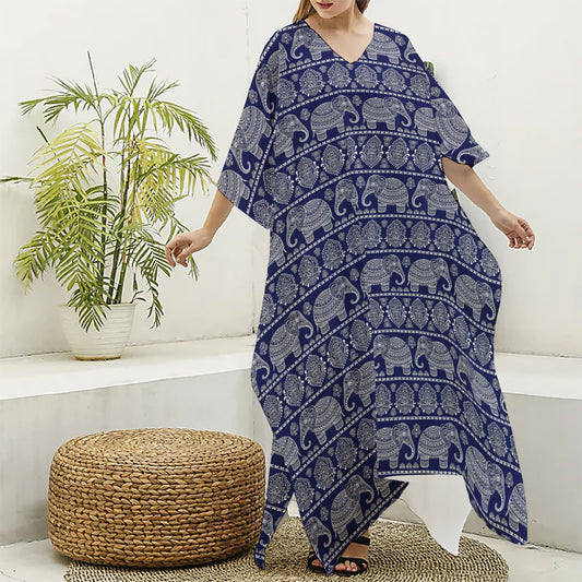White And Blue Indian Elephant Print Silk V-Neck Kaftan Dress