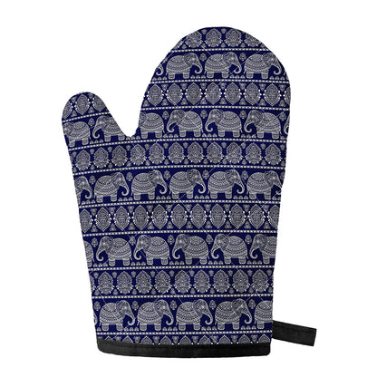 White And Blue Indian Elephant Print Single Oven Mitt