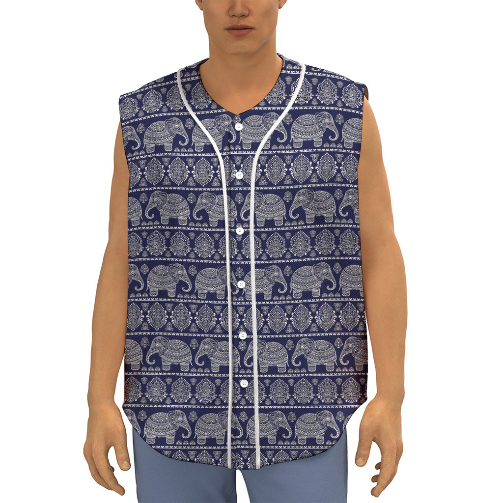 White And Blue Indian Elephant Print Sleeveless Baseball Jersey