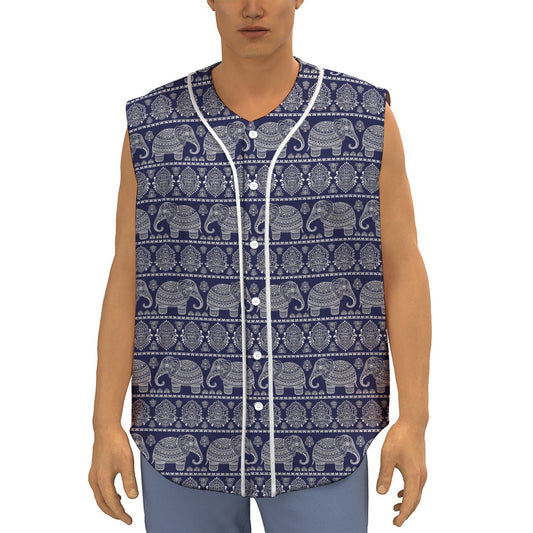 White And Blue Indian Elephant Print Sleeveless Baseball Jersey