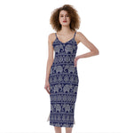 White And Blue Indian Elephant Print Slim Fit Midi Cami Dress