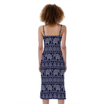 White And Blue Indian Elephant Print Slim Fit Midi Cami Dress