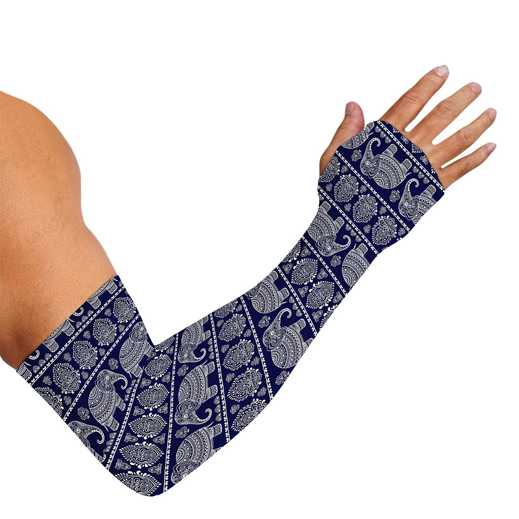 White And Blue Indian Elephant Print Sun Protection Arm Sleeves