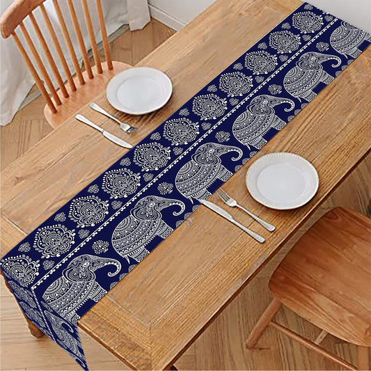 White And Blue Indian Elephant Print Table Runner