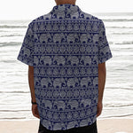 White And Blue Indian Elephant Print Textured Short Sleeve Shirt