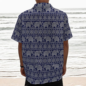 White And Blue Indian Elephant Print Textured Short Sleeve Shirt