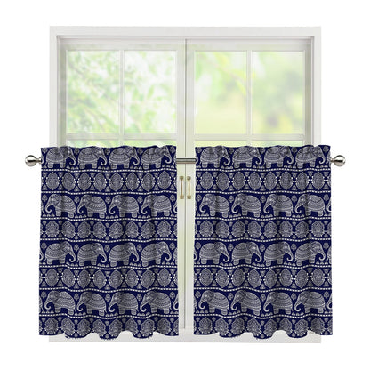 White And Blue Indian Elephant Print Tier Curtains