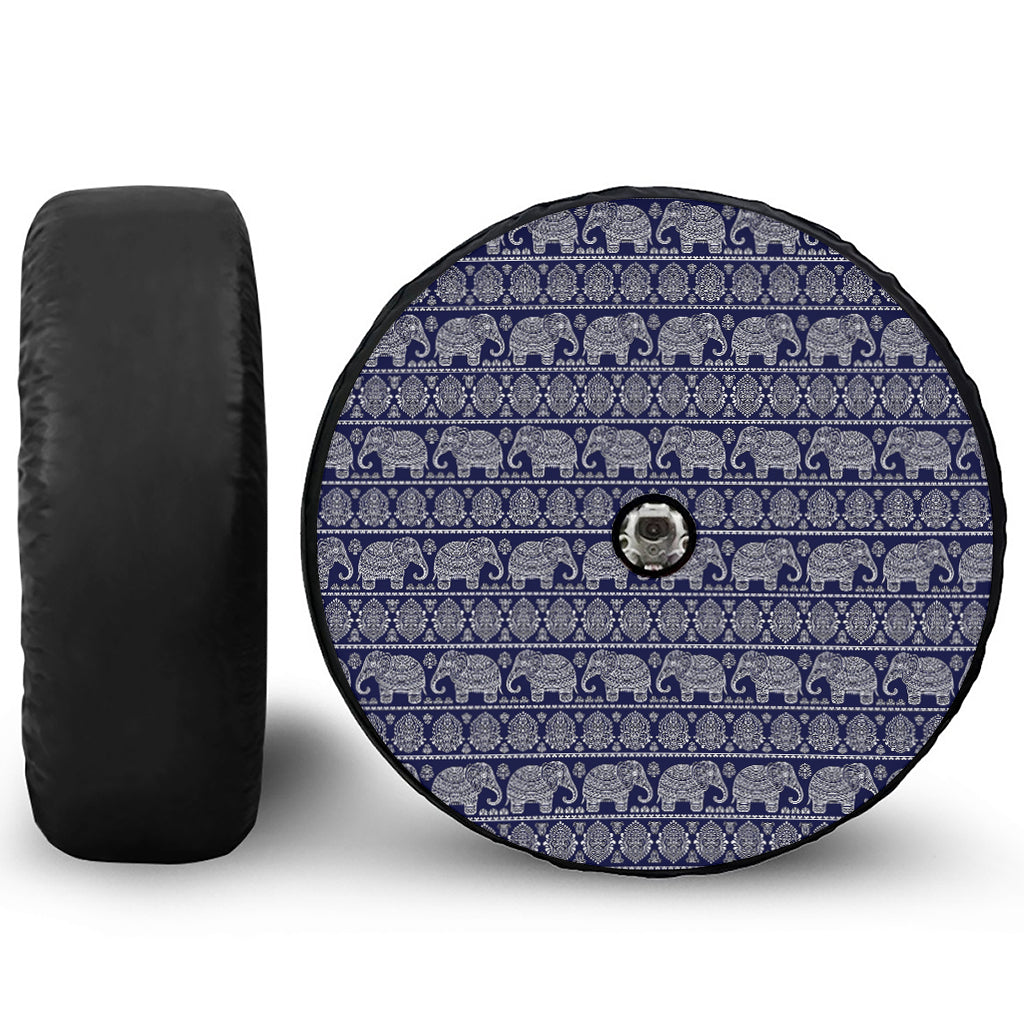 White And Blue Indian Elephant Print Tire Cover With Camera Hole