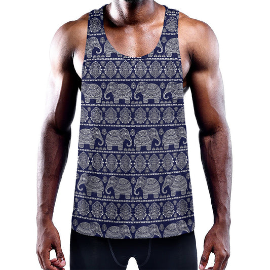 White And Blue Indian Elephant Print Training Tank Top