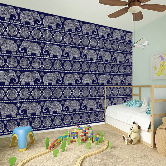 White And Blue Indian Elephant Print Wall Sticker