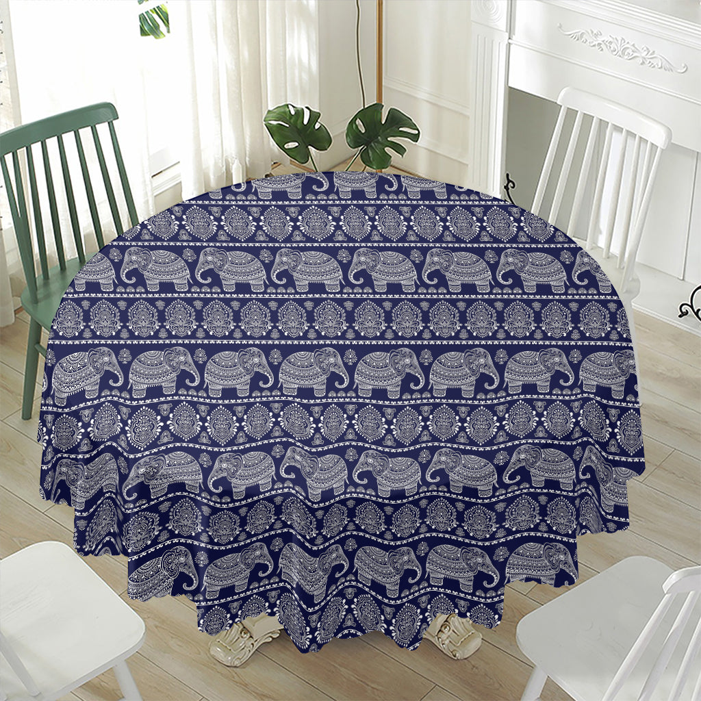 White And Blue Indian Elephant Print Waterproof Round Tablecloth