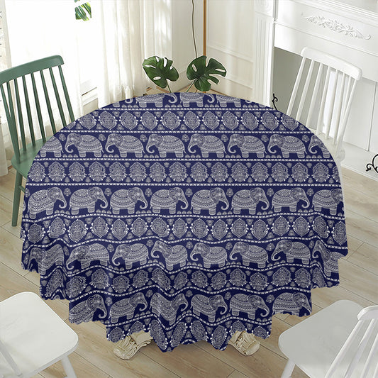 White And Blue Indian Elephant Print Waterproof Round Tablecloth