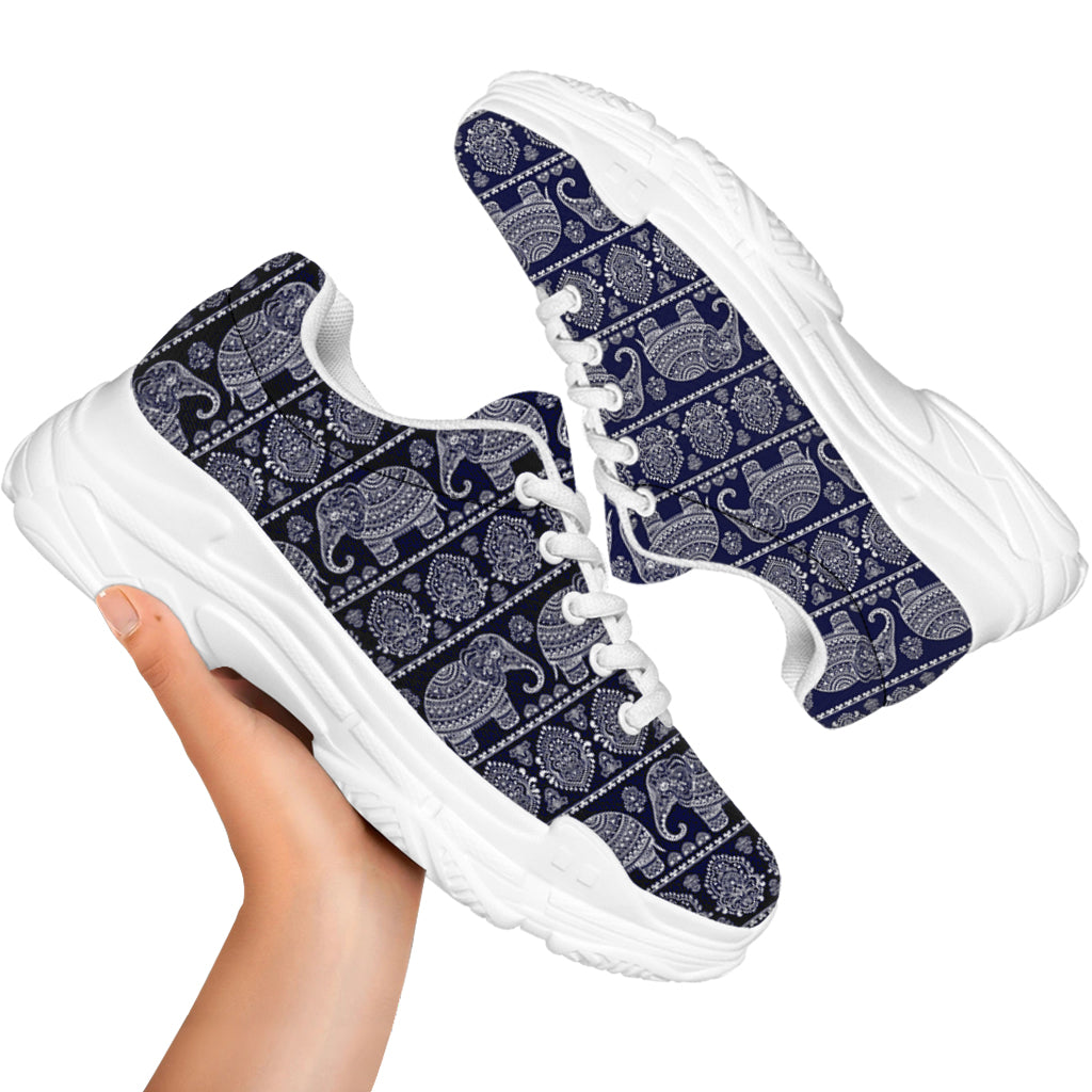 White And Blue Indian Elephant Print White Chunky Shoes