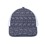 White And Blue Indian Elephant Print White Mesh Trucker Cap