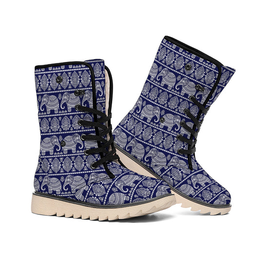 White And Blue Indian Elephant Print Winter Boots