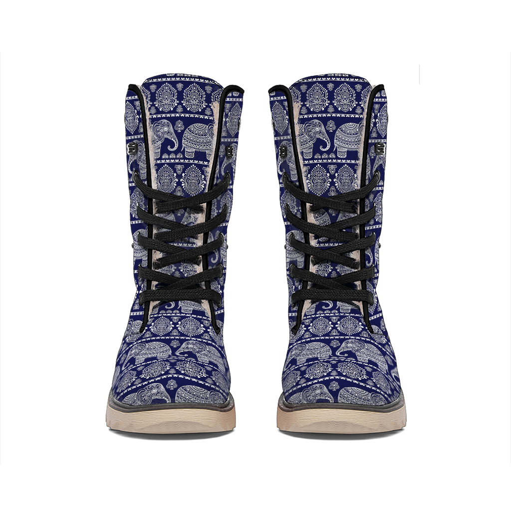 White And Blue Indian Elephant Print Winter Boots