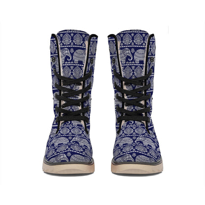 White And Blue Indian Elephant Print Winter Boots