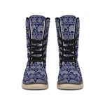 White And Blue Indian Elephant Print Winter Boots