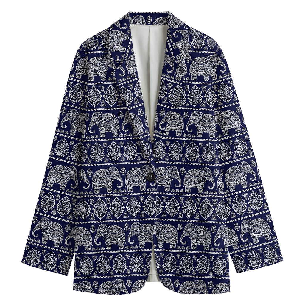 White And Blue Indian Elephant Print Women's Blazer