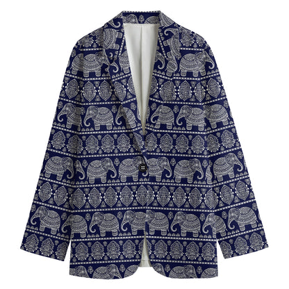 White And Blue Indian Elephant Print Women's Blazer