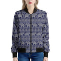 White And Blue Indian Elephant Print Women's Bomber Jacket