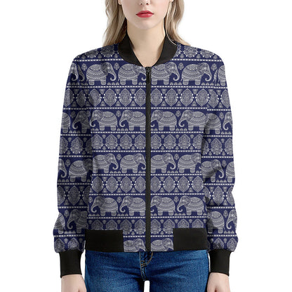 White And Blue Indian Elephant Print Women's Bomber Jacket