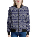 White And Blue Indian Elephant Print Women's Bomber Jacket