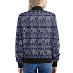 White And Blue Indian Elephant Print Women's Bomber Jacket