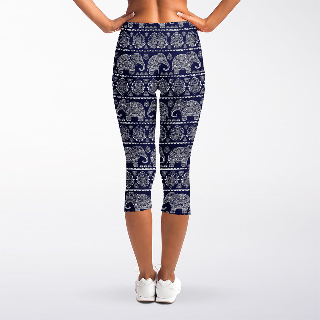 White And Blue Indian Elephant Print Women's Capri Leggings