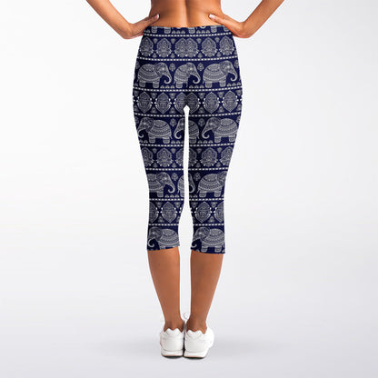 White And Blue Indian Elephant Print Women's Capri Leggings