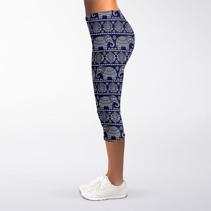 White And Blue Indian Elephant Print Women's Capri Leggings