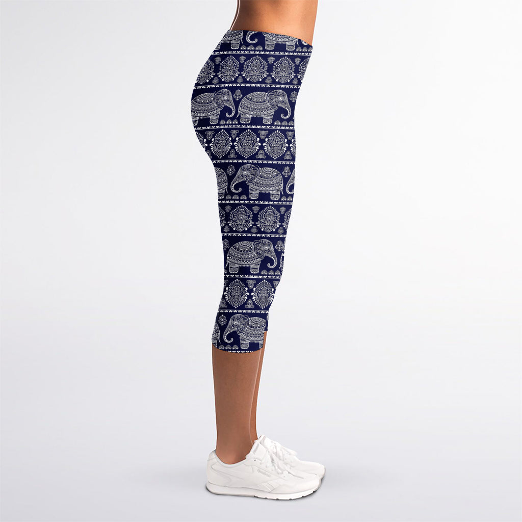 White And Blue Indian Elephant Print Women's Capri Leggings