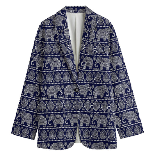 White And Blue Indian Elephant Print Women's Cotton Blazer