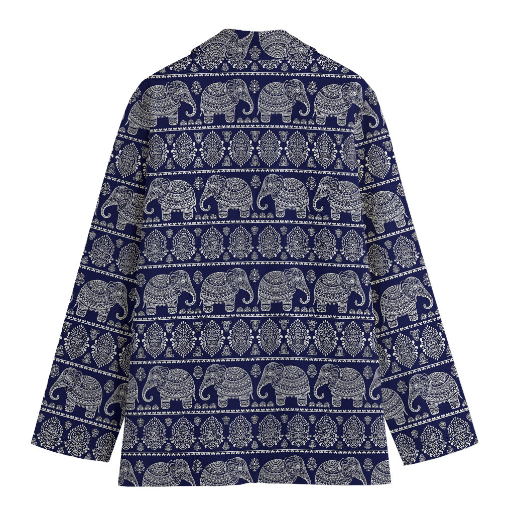 White And Blue Indian Elephant Print Women's Cotton Blazer