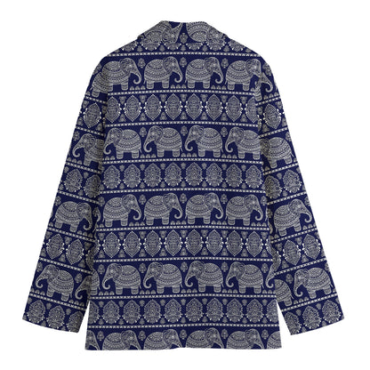 White And Blue Indian Elephant Print Women's Cotton Blazer