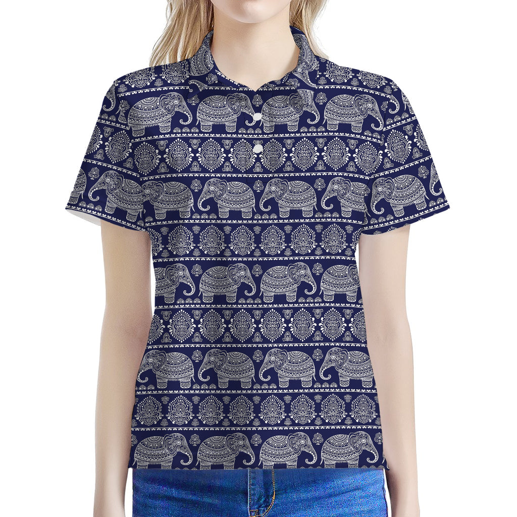 White And Blue Indian Elephant Print Women's Polo Shirt