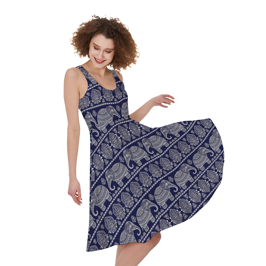 White And Blue Indian Elephant Print Women's Sleeveless Dress
